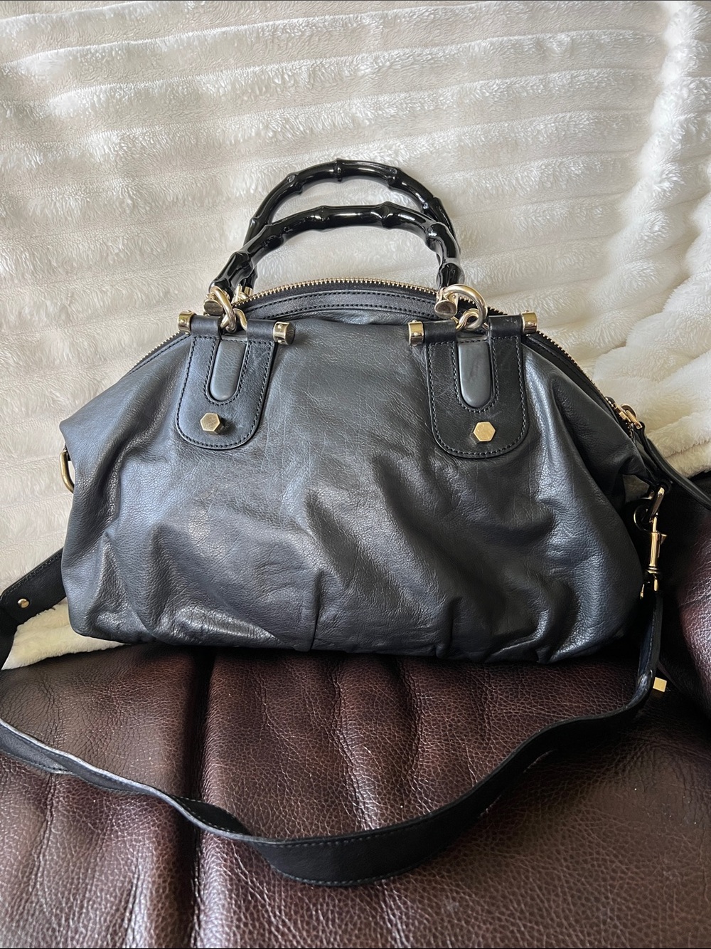 GUCCI GREEN Leather Pop Bamboo Handbag with Black Leather Trim